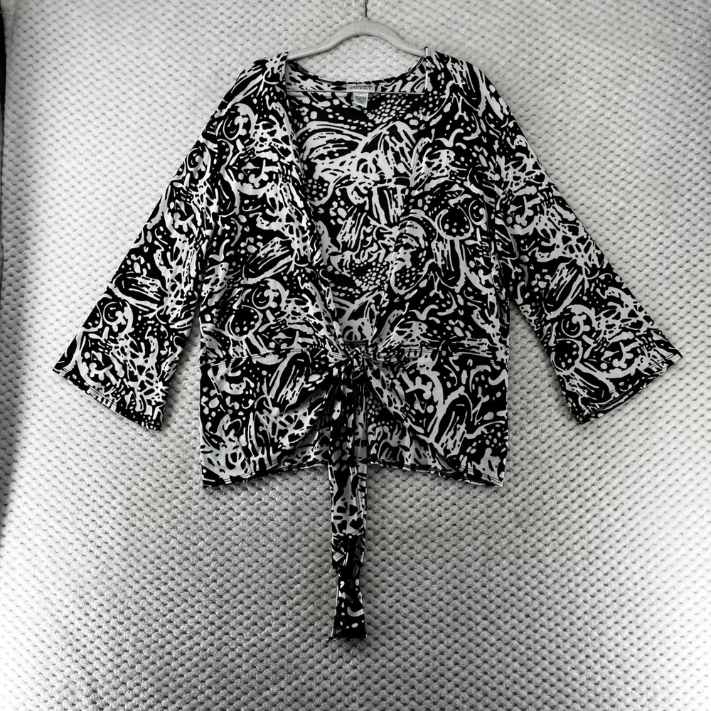 Chico's Travelers Cardigan Abstract Print Tie-Front Bell Sleeve Slinky Size 3/XL